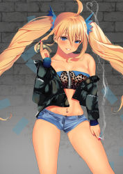 Rule 34 | 1girl, :d, absurdres, ahoge, bare legs, bare shoulders, blonde hair, blue eyes, blush, breasts, brick wall, cheetah print, cigarette, grin, highres, inushima, jacket, long hair, long sleeves, looking at viewer, applying manicure, medium breasts, money, navel, navel piercing, open mouth, original, piercing, short shorts, shorts, smile, smoke, smoke heart, solo, standing, strapless, tube top, twintails, zipper