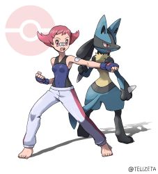 Rule 34 | 1girl, artist name, bandaid, bandaid on arm, bandaid on face, bandaid on nose, barefoot, bodysuit, breasts, clenched hands, commentary request, covered navel, creatures (company), eyelashes, feet, fighting stance, fingerless gloves, game freak, gen 4 pokemon, gloves, grey pants, highres, legs apart, lucario, maylene (pokemon), nintendo, open mouth, pants, pink hair, poke ball symbol, pokemon, pokemon (creature), pokemon dppt, standing, teeth, tellzeta, toes, tongue, upper teeth only, watermark, white background