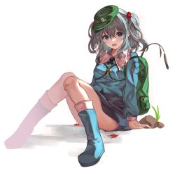 Rule 34 | 1girl, aqua footwear, aqua shirt, autumn leaves, backpack, bag, blue eyes, boots, breasts, collared shirt, commentary, frilled shirt collar, frills, full body, grass, green bag, green hat, grey hair, grey skirt, hair bobbles, hair ornament, hat, jewelry, kawashiro nitori, key, key necklace, knees up, legs, long sleeves, looking at viewer, m1ya p, medium hair, necklace, open mouth, pocket, rock, shirt, sidelocks, simple background, sitting, skirt, small breasts, solo, symbol-only commentary, thighs, touhou, white background
