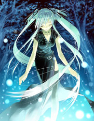 Rule 34 | 1girl, dress, closed eyes, forest, green hair, mabinogi, magic, nao (mabinogi), nature, night, solo, sparkle, ueda ryou