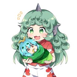 Rule 34 | 2girls, :3, :d, antennae, arms up, baby, blue hair, commentary, cowboy shot, curly hair, eternity larva, green eyes, green hair, holding baby, horns, kaoling, kariyushi shirt, komano aunn, leaf, leaf on head, long hair, looking at viewer, mouth hold, multiple girls, notice lines, open mouth, pacifier, short hair, short sleeves, shorts, simple background, single horn, smile, touhou, very long hair, white background, wrapped up, yellow eyes, aged down