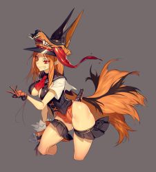 Rule 34 | 1girl, animal ears, black gloves, brown hair, covered erect nipples, covered navel, cross, dog, fang, gloves, glowing, glowing eyes, grey background, hat, highres, hoe-l, leotard, long hair, multicolored clothes, multicolored gloves, multicolored hair, orange gloves, orange hair, orange leotard, original, red eyes, red neckwear, simple background, smile, solo, tongue, tongue out, very long hair