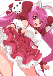 Rule 34 | 1girl, :d, animal ears, antenna hair, blush, bow, breasts, cleavage, di gi charat, dice hair ornament, frilled skirt, frills, hair bow, hair ornament, looking at viewer, medium breasts, open mouth, pink hair, rabbit ears, red bow, red eyes, red ribbon, red skirt, ribbon, senzoc, simple background, skirt, smile, solo, twintails, twitter username, usada hikaru, white background, wrist ribbon