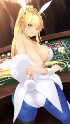 Rule 34 | 1girl, animal ears, artoria pendragon (all), artoria pendragon (fate), artoria pendragon (swimsuit ruler) (fate), ass, blonde hair, blue pantyhose, blush, breasts, cait aron, crown, fake animal ears, fake tail, fate/grand order, fate (series), fishnet pantyhose, fishnets, green eyes, highres, large breasts, leotard, long hair, looking at viewer, looking back, panties, pantyhose, parted lips, playboy bunny, poker chip, poker table, rabbit ears, rabbit tail, shawl, sideboob, solo, table, tail, underwear, very long hair