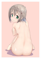 Rule 34 | 1girl, absurdres, ass, back, breasts, covering privates, covering breasts, from behind, green eyes, grey hair, hair ornament, hairclip, highres, knees up, kohshibasaki, looking at viewer, looking back, nude, pink background, short hair, shoulder blades, simple background, sitting, small breasts, solo, tearing up, tears, yama no susume, yukimura aoi