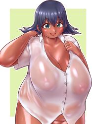 Rule 34 | 1girl, aburakkoi (nijiura maids), aqua eyes, belly, blue hair, bottomless, breasts, buttons, cleavage, collarbone, cowboy shot, dark-skinned female, dark blue hair, dark skin, fat, flipped hair, futaba channel, hair between eyes, hands up, huge breasts, kuma (kumahoihoi), medium hair, navel, nijiura maids, nipples, no bra, open mouth, out-of-frame censoring, outline, partially unbuttoned, shirt, short sleeves, smile, solo, standing, sweat, wet, wet clothes, wet shirt, white outline, white shirt