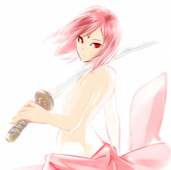Rule 34 | 1girl, arm at side, back, bloom, character request, eyelashes, facial mark, forehead mark, from behind, hair blowing, hip focus, holding, holding sword, holding weapon, katana, looking back, over shoulder, partially undressed, pink hair, poaro, red eyes, sengoku wars, short hair, simple background, solo, sword, sword over shoulder, topless, weapon, weapon over shoulder, white background