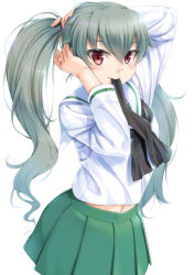 Rule 34 | 10s, 1girl, anchovy (girls und panzer), arms up, black neckerchief, blush, closed mouth, commentary request, girls und panzer, green hair, green skirt, hair between eyes, long hair, long sleeves, midriff peek, miri (ago550421), mouth hold, navel, neckerchief, ooarai school uniform, pleated skirt, red eyes, sailor collar, school uniform, serafuku, shirt, simple background, skirt, solo, tying hair, very long hair, white background, white sailor collar, white shirt