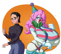 Rule 34 | 1girl, black eyes, black sweater, blue eyes, bob cut, breasts, closed mouth, clown, cowboy shot, crop top, denim, four fingers, from side, gigantic breasts, glasses, gloves, hair ornament, hairpin, hat, highres, lemonfont, long hair, long sleeves, makeup, nervous, nickels the clown, open mouth, panties, party hat, pink hair, red panties, shirt, short hair, short sleeves, spiraling staircase, striped clothes, striped shirt, suspenders, sweater, t-shirt, thick thighs, thighs, thong, transformation, turtleneck, underboob, underwear, wavy hair, wide hips