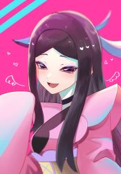 Rule 34 | 1girl, :d, black choker, black hair, blurry, choker, commentary request, creatures (company), game freak, grey eyes, hair ornament, heart, highres, japanese clothes, kimono, long hair, looking at viewer, nintendo, open mouth, parted bangs, pink background, pink kimono, pokemon, pokemon xy, sidelocks, smile, solo, ssn (sasa8u9r), tongue, upper body, valerie (pokemon)