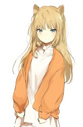 Rule 34 | 1girl, animal ears, blonde hair, blue eyes, blush, cardigan, closed mouth, dress, expressionless, logo, long hair, long sleeves, looking at viewer, lpip, original, simple background, solo, white background, white dress