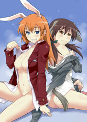 Rule 34 | 2girls, animal ears, arm support, ass, blue eyes, blush, breasts, brown eyes, brown hair, charlotte e. yeager, commentary request, dog ears, gertrud barkhorn, grin, jacket, long hair, maruto!, medium breasts, multiple girls, navel, nipples, open clothes, open shirt, orange hair, rabbit ears, rabbit girl, shirt, sitting, smile, strike witches, world witches series