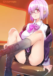 Rule 34 | 10s, 1girl, ass, black panties, bow, bowtie, breasts, chair, clothes pull, collared shirt, commentary request, dress shirt, glasses, grey socks, gridman universe, jacket, kneehighs, knees up, large breasts, legs, light purple hair, looking at viewer, off shoulder, office chair, open clothes, open jacket, panties, pantyhose, pantyhose pull, pink-framed eyewear, purple bow, purple bowtie, purple jacket, red eyes, school uniform, shinjou akane, shirt, short hair, sitting, skirt, smile, socks, solo, ssss.gridman, super zombie, swivel chair, underwear, white shirt