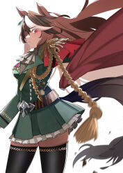 Rule 34 | 1girl, absurdres, aiguillette, animal ears, ascot, belt, black thighhighs, brown belt, brown hair, buttons, cape, cowboy shot, double-breasted, earrings, epaulettes, green jacket, green skirt, hair between eyes, highres, horse ears, horse girl, horse tail, jacket, jewelry, jitome no tsugumi, long hair, long sleeves, looking at viewer, medal, multicolored hair, pleated skirt, red cape, red eyes, simple background, single earring, single epaulette, skirt, solo, streaked hair, symboli rudolf (umamusume), tail, thighhighs, umamusume, very long hair, white ascot, white background, white hair