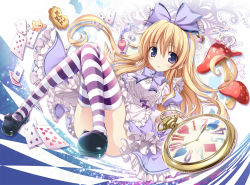 Rule 34 | 1girl, alice (alice in wonderland), alice in wonderland, blonde hair, blue eyes, bottle, bow, bowtie, card, clock, convenient leg, cookie, dress, floating hair, food, frilled dress, frills, grey bow, hair bow, karory, long hair, looking at viewer, mary janes, mushroom, open mouth, playing card, pocket watch, puffy short sleeves, puffy sleeves, shoes, short sleeves, solo, striped clothes, striped thighhighs, thighhighs, thighs, very long hair, watch