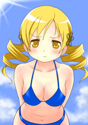 Rule 34 | 10s, 1girl, arms behind back, bare shoulders, bent over, bikini, blonde hair, blue bikini, breasts, cap (dkdm-d), cleavage, drill hair, hair ornament, halterneck, large breasts, leaning forward, mahou shoujo madoka magica, mahou shoujo madoka magica (anime), solo, swimsuit, tomoe mami, wavy mouth, yellow eyes