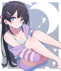 Rule 34 | 1girl, :/, black hair, blue bra, blue eyes, blush, border, bra, breasts, cleavage, closed mouth, collarbone, crescent moon, dot nose, feet out of frame, hair ornament, hairpin, hands under legs, jacket, knees together feet apart, large breasts, long bangs, long hair, looking at viewer, moon, nijisanji, no pants, off shoulder, outside border, pink jacket, sidelocks, sleeve cuffs, sleeves past wrists, solo, sou (tuhut), straight hair, tsukino mito, underwear, virtual youtuber, white border