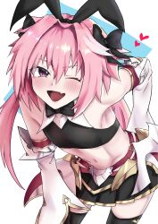 Rule 34 | 1boy, animal ears, arm behind back, astolfo (fate), astolfo (saber) (fate), black bow, black bowtie, black gloves, black thighhighs, blush, bow, bowtie, crop top, detached sleeves, fake animal ears, fang, fate/grand order, fate (series), gloves, gold trim, hair bow, hair intakes, heart, highres, long hair, male focus, midriff, multicolored hair, one eye closed, pettarou, pink hair, pleated skirt, purple eyes, rabbit ears, red ribbon, ribbon, skin fang, skirt, smile, solo, streaked hair, thighhighs, trap, twintails, two-tone hair, very long hair, white background, white hair, wing collar