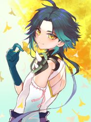 Rule 34 | 1boy, ahoge, armor, black hair, closed mouth, commentary request, eyeliner, falling leaves, from side, genshin impact, ginkgo leaf, gloves, green gloves, green hair, highres, holding, holding leaf, leaf, looking at viewer, makeup, male focus, multicolored hair, parted bangs, short hair with long locks, shoulder armor, shoulder pads, shoulder spikes, smile, solo, spikes, two-tone hair, xiao (genshin impact), yellow eyes, yuno setouchi