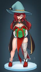 Rule 34 | 1girl, absurdres, bandaged leg, bandages, blue hat, boots, breasts, cape, cleavage, closed eyes, commission, d-floe, facing viewer, freckles, full body, hat, highres, large breasts, long hair, monocle, original, red footwear, red hair, santa costume, solo, very long hair, witch hat