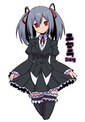 Rule 34 | 1girl, black thighhighs, borrowed character, cropped legs, expressionless, frilled sleeves, frilled thighhighs, frills, hair between eyes, hair ornament, hair ribbon, head tilt, juliet sleeves, long hair, long sleeves, muu (mumumer), original, puffy sleeves, red eyes, red ribbon, ribbon, simple background, solo, thighhighs, twintails, white background, zettai ryouiki