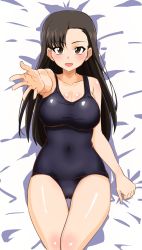 Rule 34 | 10s, 1girl, asymmetrical bangs, bed, black hair, blush, breasts, brown eyes, cameltoe, cleavage, female focus, girls und panzer, highres, large breasts, lying, nishi kinuyo, on back, open mouth, smile, solo, swimsuit, umeta shirisuke