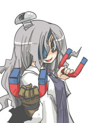Rule 34 | 1girl, black eyes, breasts, creatures (company), dual wielding, eyepatch, game freak, gen 1 pokemon, gloves, holding, lab coat, long hair, magnemite, magnet, nintendo, open clothes, personification, pokemon, screw, seki (red shine), silver hair, single glove, solo