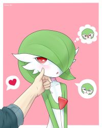 Rule 34 | 1boy, 1girl, artist name, blush, border, chaos dv, choker, collarbone, colored skin, creatures (company), flat chest, game freak, gardevoir, gen 3 pokemon, green hair, green skin, hair over one eye, hand on another&#039;s face, happy, heart, looking up, multicolored skin, nintendo, open mouth, pink background, pink choker, pokemon, pokemon (creature), red eyes, short hair, simple background, solo focus, speech bubble, spoken heart, talking, tsundere, two-tone skin, upper body, watermark, white border, white skin