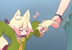 Rule 34 | 1other, 2girls, ^ ^, animal, animal ears, animalization, arms up, bell, blonde hair, blue background, blush, brown collar, closed eyes, collar, eighth note, empty eyes, fish, fox ears, fox girl, fox tail, green shirt, hair bun, hair ornament, highres, holding, holding animal, jingle bell, kemomimi-chan (naga u), long sleeves, multiple girls, musical note, naga u, neck bell, original, out of frame, pleated skirt, purple skirt, sailor collar, shaded face, shirt, simple background, skirt, sleeves past fingers, sleeves past wrists, tail, watch, white sailor collar, wristwatch