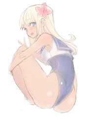 Rule 34 | 10s, 1girl, ass, blonde hair, blue eyes, blush, crop top, from behind, hitaki yuu, kantai collection, long hair, looking back, one-piece swimsuit, one-piece thong, ro-500 (kancolle), school swimsuit, school uniform, serafuku, shiny clothes, shirt, simple background, sitting, sleeveless, sleeveless shirt, solo, swimsuit, tan, v, white background