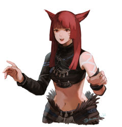 Rule 34 | 1girl, animal ears, arm tattoo, asymmetrical clothes, warrior of light (ff14), breasts, brown eyes, cat ears, cropped torso, facing viewer, final fantasy, final fantasy xiv, hime cut, long hair, medium breasts, midriff, miqo&#039;te, muraicchi (momocchi), navel, open mouth, red hair, slit pupils, solo, tattoo, white background