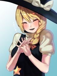 Rule 34 | 1girl, black hat, black vest, blonde hair, blue background, blush, bow, braid, breasts, closed eyes, commentary request, cookie (touhou), gradient background, hair between eyes, hair bow, hat, hat bow, highres, interlocked fingers, kirisame marisa, koiso usu, long hair, medium breasts, open mouth, own hands together, puffy short sleeves, puffy sleeves, red bow, shirt, short sleeves, side braid, single braid, smile, solo, star (symbol), suzu (cookie), touhou, translation request, upper body, vest, white bow, white shirt, witch hat
