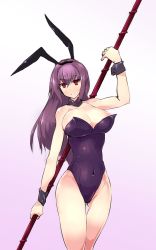 Rule 34 | 1girl, animal ears, bare shoulders, breasts, cleavage, covered navel, depo (typebaby505), fake animal ears, fate/grand order, fate (series), highres, holding, holding polearm, holding spear, holding weapon, large breasts, long hair, looking at viewer, playboy bunny, polearm, purple hair, rabbit ears, red eyes, scathach (fate), smile, solo, spear, staff, weapon, wrist cuffs