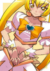 Rule 34 | 10s, 1girl, bow, brooch, cure sunshine, heart, heart brooch, heartcatch precure!, hikage eiji, jewelry, legs, long hair, magical girl, midriff, myoudouin itsuki, potpourri (heartcatch precure!), precure, skirt, smile, solo, twintails, very long hair, yellow background, yellow bow, yellow eyes, yellow theme