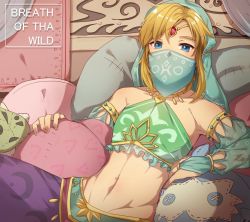 Rule 34 | 1boy, bare shoulders, blonde hair, blue eyes, collarbone, crossdressing, detached sleeves, english text, gerudo set (zelda), haru (nakajou-28), link, looking at viewer, male focus, mask, midriff, mouth veil, navel, nintendo, official alternate costume, pillow, see-through, sitting, solo, stomach, the legend of zelda, the legend of zelda: breath of the wild, trap, veil