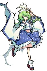 Rule 34 | 1girl, :d, absurdres, arm up, blue skirt, bobby socks, cocokana, collared shirt, commentary request, crop top, frilled skirt, frills, frog hair ornament, gohei, green eyes, green hair, hair ornament, highres, holding, holding gohei, kochiya sanae, long hair, looking at viewer, midriff, navel, open mouth, sarashi, shirt, simple background, single hair tube, skirt, sleeveless, sleeveless shirt, smile, snake hair ornament, socks, solo, touhou, white background, white shirt, white sleeves, white socks, wide sleeves