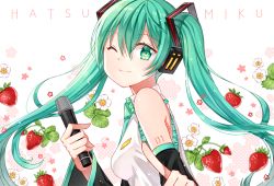 Rule 34 | aqua eyes, aqua hair, bad id, bad pixiv id, bare shoulders, blush, character name, detached sleeves, diten, flower, food, from side, fruit, hatsune miku, long hair, microphone, necktie, one eye closed, smile, solo, strawberry, tattoo, twintails, upper body, vocaloid, white background, wide sleeves
