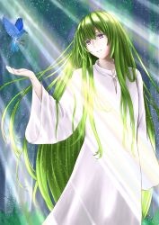 Rule 34 | 1boy, arm up, bird, blurry, blurry background, bosutonii, commentary request, enkidu (fate), fate/grand order, fate (series), feet out of frame, forest, grass, green hair, head tilt, highres, kingu (fate), light particles, light rays, long hair, long sleeves, looking to the side, male focus, nature, parted lips, purple eyes, robe, sidelocks, solo, standing, sunbeam, sunlight, very long hair, white robe, wide sleeves