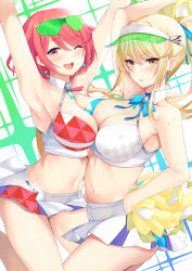 Rule 34 | 2girls, ;d, alternate costume, alternate hairstyle, armpits, arms up, ass, asymmetrical docking, bare shoulders, blonde hair, blue archive, blush, breast press, breasts, cheering, cheerleader, chest jewel, cleavage, core crystal (xenoblade), cosplay, crop top, daive, earrings, gem, hand on own hip, hibiki (blue archive), hibiki (blue archive) (cosplay), hibiki (cheer squad) (blue archive), highres, holding, holding pom poms, jewelry, large breasts, long hair, looking at viewer, midriff, miniskirt, multiple girls, mythra (xenoblade), navel, one eye closed, open mouth, pleated skirt, pom pom (cheerleading), pom poms, ponytail, pyra (xenoblade), red eyes, red hair, short hair, simple background, skirt, sleeveless, smile, sunglasses, swept bangs, underwear, visor cap, white skirt, xenoblade chronicles (series), xenoblade chronicles 2, yellow eyes