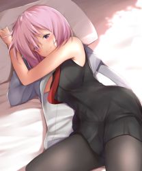 Rule 34 | 1girl, absurdres, bare shoulders, black dress, black pantyhose, blush, breasts, dress, fate/grand order, fate (series), hair over one eye, highres, jacket, light purple hair, lying, maosame, mash kyrielight, medium breasts, necktie, on bed, on side, pantyhose, purple eyes, shadow, short hair, smile, solo
