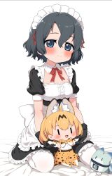 Rule 34 | 2girls, alternate size, animal ears, apron, back bow, black dress, black gloves, black hair, blue eyes, blush, bow, bowtie, cat ears, cat girl, cat tail, center frills, dress, extra ears, frilled apron, frilled dress, frills, gloves, high-waist skirt, highres, kaban (kemono friends), kemono friends, looking at viewer, lucky beast (kemono friends), maid, maid apron, maid day, maid headdress, multiple girls, on bed, pantyhose, print bow, print bowtie, print skirt, print thighhighs, puffy short sleeves, puffy sleeves, ransusan, serval (kemono friends), serval print, shirt, short hair, short sleeves, sitting, skirt, smile, tail, thighhighs, wariza, white apron, white pantyhose, white shirt, zettai ryouiki