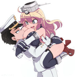 Rule 34 | 1boy, 1girl, admiral (kancolle), american flag legwear, assertive female, blonde hair, blue eyes, breasts, fingerless gloves, garter straps, gloves, hat, highres, iowa (kancolle), kantai collection, large breasts, long sleeves, looking at another, military, military uniform, miniskirt, naval uniform, novcel, peaked cap, simple background, skirt, star-shaped pupils, star (symbol), striped clothes, striped skirt, striped thighhighs, symbol-shaped pupils, thighhighs, uniform, vertical-striped clothes, vertical-striped skirt, vertical-striped thighhighs, white background