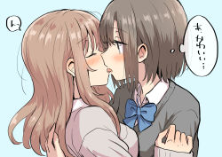 Rule 34 | 2girls, betock, black sweater, blue background, blue bow, blue bowtie, bow, bowtie, brown hair, closed eyes, commentary request, french kiss, from side, half-closed eyes, highres, kiss, long hair, multiple girls, original, pink sweater, school uniform, short hair, simple background, sweater, thought bubble, tongue, tongue out, translated, upper body, yuri