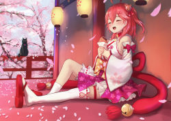 Rule 34 | 1girl, ahoge, bare shoulders, bell, black cat, blush, breasts, cat, cherry blossom print, cherry blossoms, closed eyes, commentary, detached sleeves, floral print, food, frills, full body, hair bell, hair ornament, hairclip, hololive, lantern, nontraditional miko, one side up, open mouth, petals, pink hair, roke (taikodon), sakura miko, sakura miko (1st costume), sandals, sideboob, single thighhigh, sitting, taiyaki, thighhighs, tongue, tree, virtual youtuber, wagashi, white thighhighs, wide sleeves