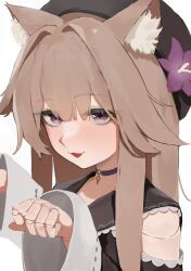 Rule 34 | 1girl, :3, animal ear fluff, animal ears, black dress, black hat, brown hair, choker, clothing cutout, doll joints, dress, flasso, hands up, hat, herta (honkai: star rail), highres, honkai: star rail, honkai (series), joints, kemonomimi mode, long hair, long sleeves, paw pose, shoulder cutout, simple background, solo, upper body, white background, wide sleeves