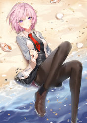 Rule 34 | 1girl, beach, black dress, blush, boots, breasts, brown footwear, brown pantyhose, closed mouth, collared dress, day, dress, fate/grand order, fate (series), fine fabric emphasis, hair between eyes, hood, hood down, hooded jacket, jacket, knees up, light purple hair, lloule, long sleeves, looking at viewer, lying, mash kyrielight, medium breasts, necktie, on back, open clothes, open jacket, outdoors, pantyhose, petals, pink hair, purple eyes, raglan sleeves, red necktie, sand, seashell, shadow, shell, shoes, short hair, smile, solo, water, white jacket, wing collar