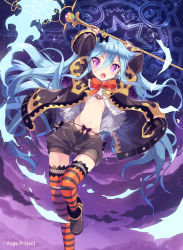 Rule 34 | 10s, 1girl, ange vierge, arms up, bikini, bikini top only, blue hair, boots, coat, glowing, highres, kankurou, long hair, magic, magic circle, navel, open mouth, original, purple eyes, shorts, solo, sparkling eyes, staff, striped clothes, striped thighhighs, swimsuit, thighhighs, unbuttoned, very long hair, weapon, wind, wind lift