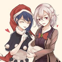 Rule 34 | 2girls, :d, ^ ^, bow, bowtie, breasts, brooch, capelet, closed eyes, doremy sweet, grey hair, hat, heart, highres, jewelry, kishin sagume, lucky chicken, medium breasts, multiple girls, nightcap, open mouth, simple background, smile, touhou, white background, yuri