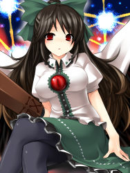 Rule 34 | 1girl, arm cannon, bad id, bad pixiv id, black pantyhose, bow, breasts, brown hair, crossed legs, female focus, hair bow, highres, large bow, long hair, open mouth, pantyhose, red eyes, reiuji utsuho, shirt, sitting, solo, taut clothes, taut shirt, touhou, tsukumiya amane, weapon, wings
