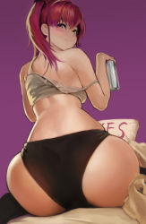 Rule 34 | 1girl, absurdres, alcohol, ass, beer, black panties, blurry, blush, from behind, highres, hololive, houshou marine, leaning forward, looking back, mr tangsuyuk, multicolored eyes, panties, red eyes, red hair, skindentation, smile, solo, turning head, twintails, underwear, virtual youtuber, yellow eyes
